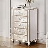 DWVO Gold Mirrored 5 Drawers Dressers for Bedroom, Accent Chest with Drawers with 5 Storage Drawers and Wood Legs, Fully Assembled Mirrored Nightstans for Bedroom, Living Room