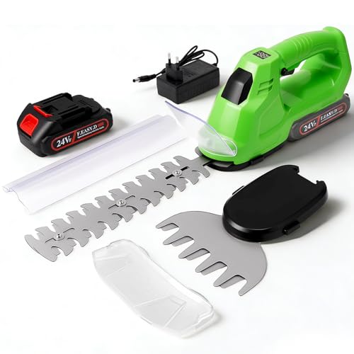 2 en 1 - Cortasetos y tijeras de césped (21 V, sin escobillas, con 2 baterías y cargador, tijeras eléctricas para arbustos con 2 cuchillas (cortador de setos de 32 cm + cortador de hierba de 13 cm
