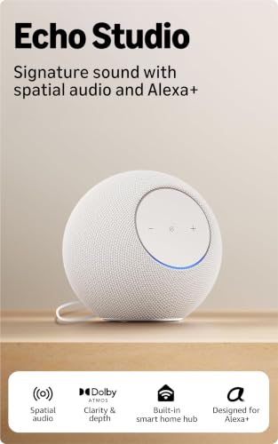 Amazon Echo Studio, smart speaker with Alexa+, immersive spatial audio & Dolby Atmos, hands-free smart home management, bluetooth, Glacier White