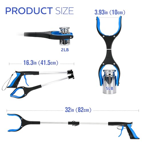Grabber Reacher Tool,32 Inch Extra Long Foldable Pick Up Stick with Strong Grip Magnetic,360°Rotating Anti-Slip Jaw,Trash Claw Grabber Tool,Trash Picker Tool for Outdoor & Indoor (Blue1) - Thumbnail 5