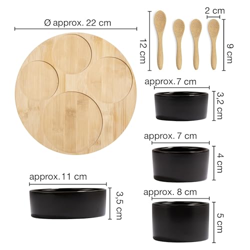Moritz & Moritz 4X Black Dip Bowl Set with Wooden Tray - Snack Bowls Set Ceramic - Serving Set with Spoons - Image 3