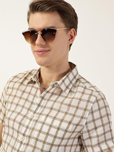 Image of Thomas Scott Men's | Checks | Half Sleeve | Slim Fit | Jute Linen | Spread Collar | Casual Shirt