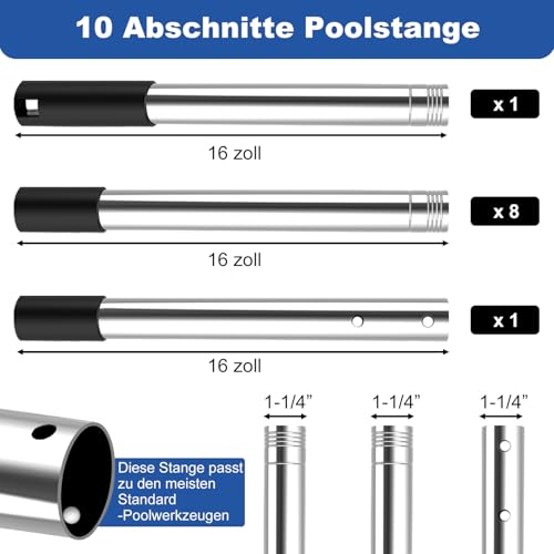 4BAOHUI Teleskopstange Pool Einstellbar von 75 cm bis 365 cm, Poolzubehör Pool Stange aus Rostfreiem Stahl und Stabil, Poolstange Ausfahrbar für Gängigen Keschern, Skimmer Net, Bodenbürsten