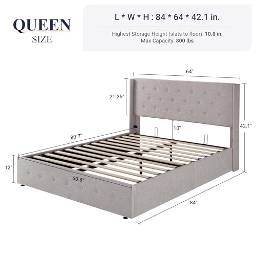 Allewie Queen Size Lift Up Storage Bed, Button Tufted Headboard with Wingback, Hydraulic Support, No Box Spring Needed, Light Beige