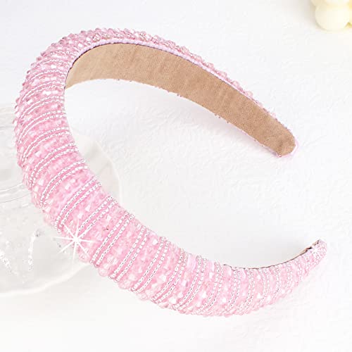 Wecoe Pink Headband Fashion Rhinestone Headband Women Padded Headband Fancy Bling Diamond Sparkle Crystal Beaded Headband Cute Hair Band Homecoming Hair Accessories For Women Girls Birthday Gifts #TOP5