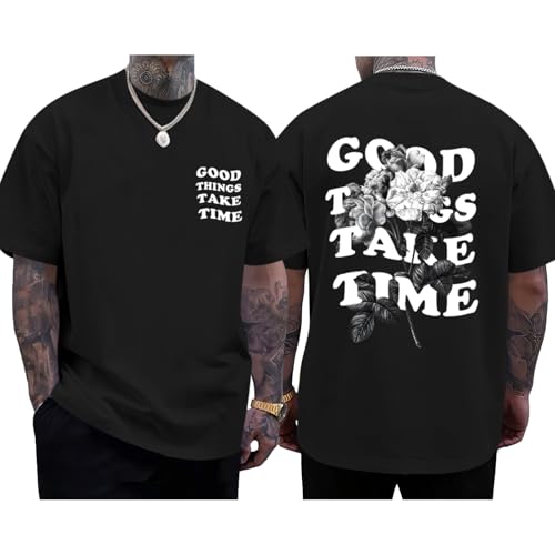 Werbavi Vintage Graphic Tees for Men Oversized Floral Letter Print Retro Streetwear T Shirts Casual Loose Fit Cotton Tops Short Sleeve Crew Neck T Shirt(Black,M)