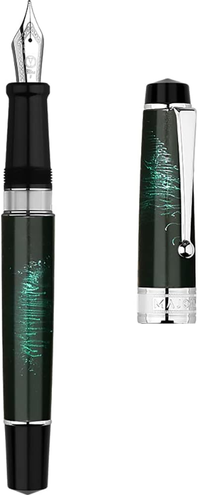 Lanxivi Majohn T5 Piston Fountain Pen Fine Nib Size Flash Green Metal with Pen Pouch Set