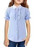 Girls Short Sleeve Button Down Shirts Ruffle School Uniform Crop Tops Peter Pan Collar Plaid Blouse 4-13Y