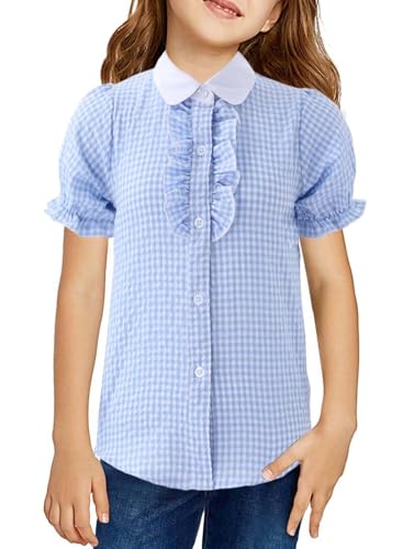 Image of Girls Short Sleeve Button Down Shirts Ruffle School Uniform Crop Tops Peter Pan Collar Plaid Blouse 4-13Y