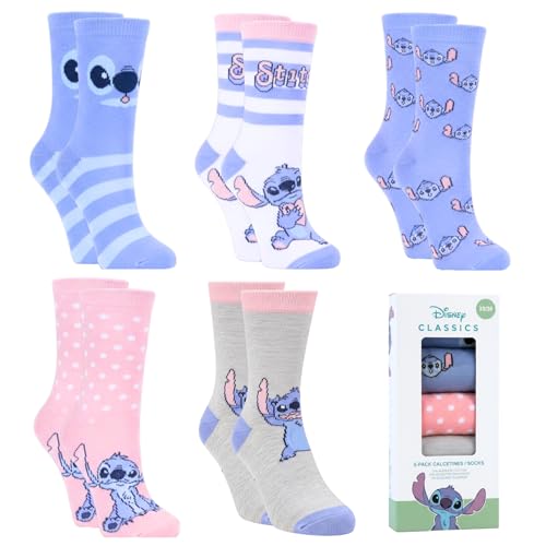 Disney Stitch Mädchen Socken 5er-Set Klassische Socken für Teenager und Frauen Größen EU 27 bis 38 (DE/NL/SE/PL Numerisch 35 38 Regular Multicolore)