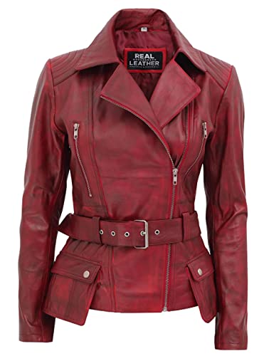 Decrum Womens Moto Jacket - Belted Maroon Jacket | [1302177] Victoria, Xxxl #TOP16