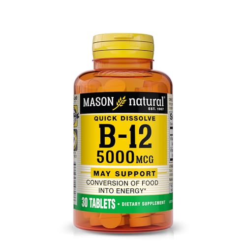 MASON NATURAL Vitamin B12 5,000 mcg (Cyanocobalamin) - Supports Conversion of Food into Energy, Dissolves Under Tongue (Raspberry Flavor), 30 Tablets