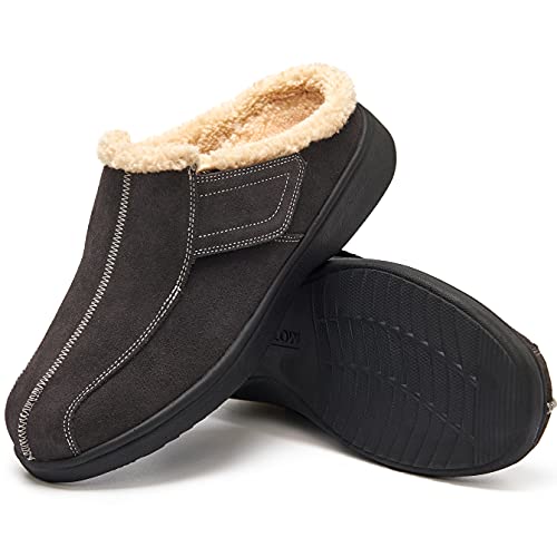 Evglow Male Slippers Winter Warm House Cozy Plantar Fasciitis Non Slip Arch Support Suede Leather Mens Slippers Orthopedic Clog Adjustable Wide Diabetic Indoor Outdoor Christmas Grey Size 13 #TOP5