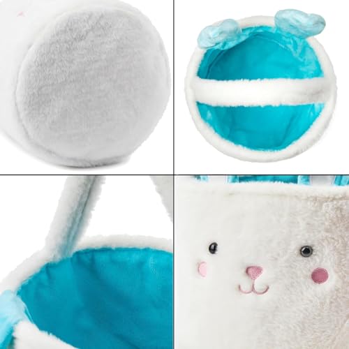 Image of Plush Bunny Basket for Easter Fluffy Easter with with Bunny Ears , Easter Egg Hunts Decorations Candy Gifts Storage (Blue White)