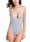 SHEKINI Women's High Cut One Piece Bathing Suit Backless Thong Brazilian Swimsuit (Grey, Small)