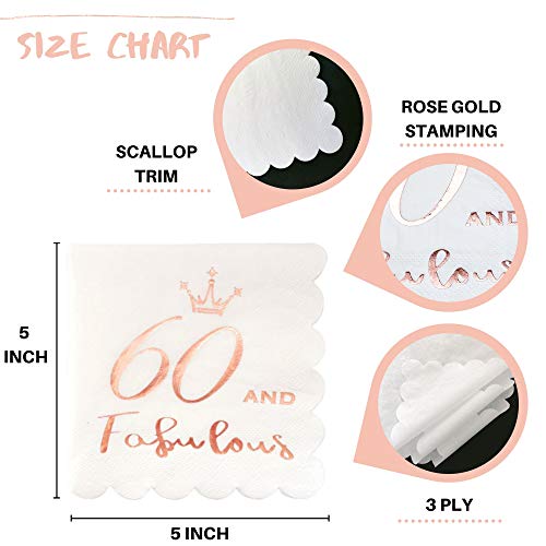 60 And Fabulous Cocktail Napkins Rose Gold - 60Th Birthday Decorations For Women, Folded 5X5 Inches Disposable Party Napkins 3-Ply Paper Beverage Napkins, 60Th Birthday Napkins, Wedding Anniversary #TOP1