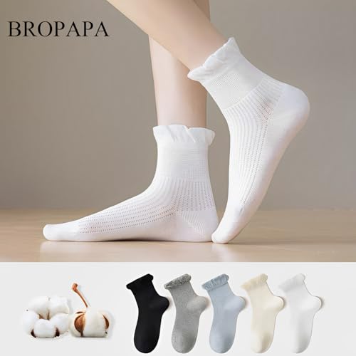 Image of Women Ruffle Ankle Socks Cotton Casual Breathable Soft Cool Knit Lettuce Cute Girl Frilly Crew Socks Mary Jane socks 5 Pack