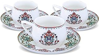 Karaca Nakkas Espresso Cup and Saucer Set for 6 People, 90 ml 3 oz Turkish Coffee Cups with Saucers, 12 Pieces, Mocha & Cappuccino Cups Made of Porcelain, Traditional Turkish Pattern, Dishwasher Safe