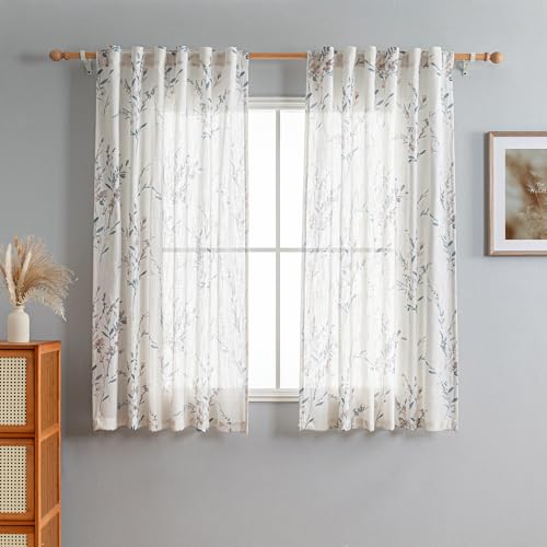 Image of MYSKY HOME Floral Sheer Curtains 63 Inch Long Linen Blended 2 Panels | Living /Dining Room Floral Light Filtering Curtains Patterned Privacy Protect Farmhouse Window Treatment 50 inch W, Navy Blue