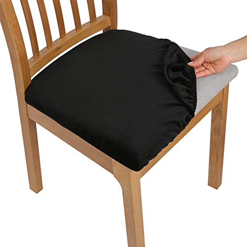 Black Friday Clearance Comqualife Soft Velvet Dining Chair Seat Covers, Stretchable Dining Room Upholstered Chair Seat Cushion Cover, Removable Washable Anti-Dust Kitchen Chair Protector Slipcovers - Set of 6, Black