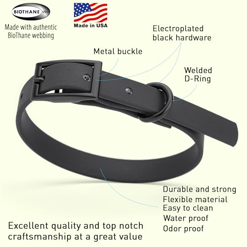 Image of Dogline Biothane Waterproof Dog Collar Strong Coated Nylon Webbing with Black Hardware Odor- Proof for Easy Care Easy to Clean High Performance Fits Small Medium or Large Dogs, Black