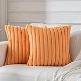 BBiggood Orange Throw Pillow Covers 18x18 Set of 2, Soft Cozy Velvet Striped Decorative Cushion Covers Faux Rabbit Fur Pillow Covers, Home Decor Pillow Covers for Couch Sofa Livingroom.