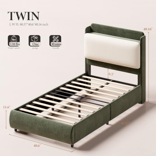 Image of Garvee Twin Size Bed Frame with Recessed Shelf for Kids- Green & Beige