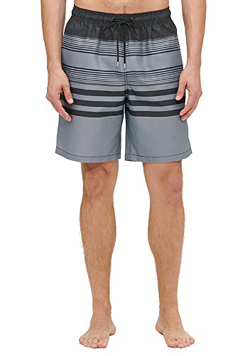 Kirkland Signature Men's Elastic Waistband Mesh Lined Swim Short Trunk (Black Melange Stripe