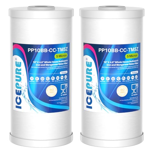 Image of ICEPURE 5 Micron 10 inch x 4.5 inch Whole House Sediment and Iron Manganese Resin Water Filter Compatible with GE FXHTC, GXWH40L, RFC-BBSA W50PEHD Whirlpool WHKF-GD25BB GXWH35F GNWH38S Dupont WFHD13001, 2PACK