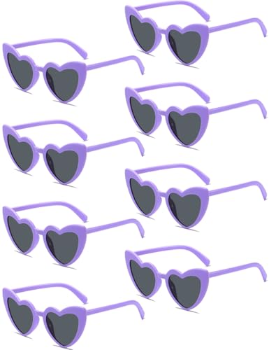 Ricawa 8 Pack Heart Sunglasses Vintage Cat Eye Love Heart Glasses Retro Bachelorette Bride Sunglasses Bulk for Women Wedding Party (Purple)