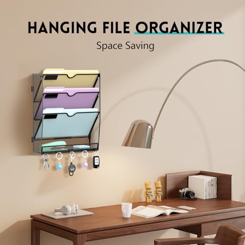 4 Tier Hanging Wall File Organizer with 5 Hooks, Mesh Wall File Holder Vertical Paper Organizer for Mail, Folders, Magazines, Bills, Office and School by ReePlan - Used condition - Image 5
