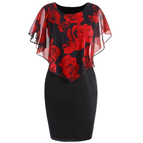 Aniywn Womens Chiffon Overlay Mini Dress Ladies Size Floral Printed Plus Size O-Neck Ruffles Mini Party Dress Red