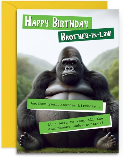 Funny Brother-in-Law Birthday Card - Grumpy Gorilla Design for Him - Fun Happy Birthday Card for Brother-in-Law - A5 Size Card with Yellow Envelope