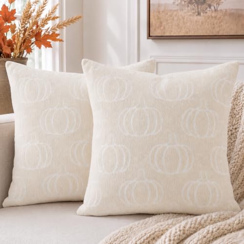 Image of Fall Pumpkin Throw Pillow Covers 22x22 Set of 2, Reversible Jacquard Chenille Cushion Cases Pumpkin Front Plaid Back, Cozy Farmhouse Autumn Decor for Living Room Sofa Couch Bed(Beige,22x22)
