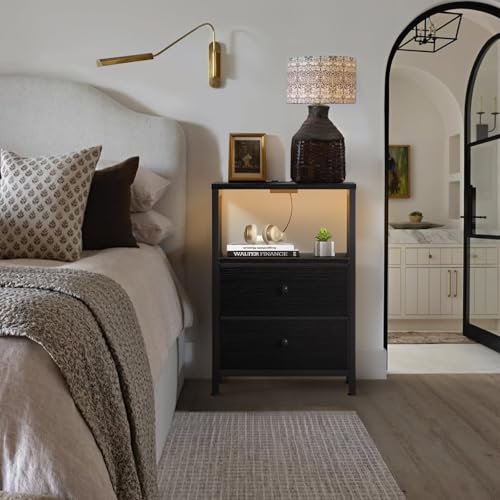 Image of BOLUO Black Nightstand with Charging Station, LED Night Stand with 2 Fabric Drawers, Bedside Table with USB Ports and Outlets, Nightstand for Bedroom Modern