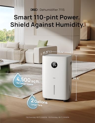Image of DREO 110-Pint Smart Dehumidifier for Basement, 4500 Ft for Large Room, 2 Gallon Water Tank, Auto /Comfort /Constant Mode Dehumidifiers for Home, Bedroom, Bathroom, with Drain Hose, White, 711S