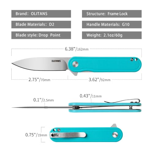 Image of OLITANS G040 Pocket Knife, 2.75'' D2 Steel Blade G10 handle, Small EDC Knife with Pocket Clip for Men Women, 2.1oz (Cyan)