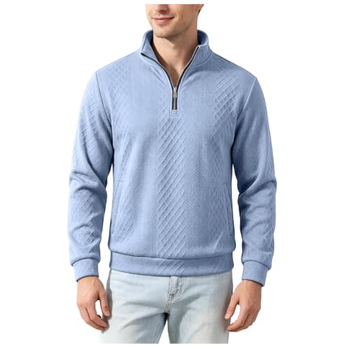 Men's Quarter Zip Pullover, Fall Winter Loose Fit Stand Collar Sweatshirt, Soft Warm Casual Top for Daily Outdoor Wear Light Blue