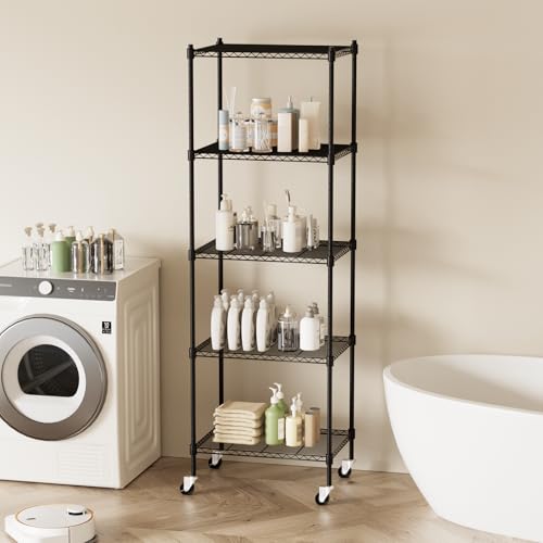 Image of 5 Tier Storage Shelves with Wheels, Heavy Duty Metal Garage Shelving Unit and Adjustable Feet, 865lb High Capacity Rolling Storage Shelf for Kitchen, Office, Dining Room (23.6 inchx 17.7 inchx 72 inch), Black