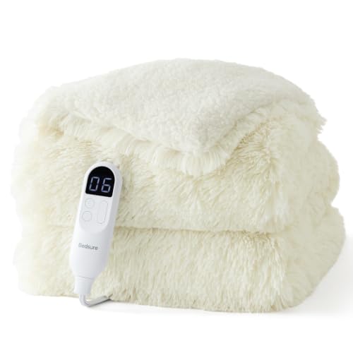 Bedsure Faux Fur Heated Blanket Throw, Long-Pile Electric Blanket, Cream