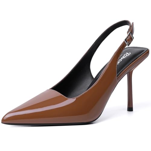 RIBONGZ Brown Elegant Dressy Heels for Women Closed Toe Pointy High Heels Sexy Slingback Pumps Wedding Bride Kitten Heels Prom Party Evening Shoes 11