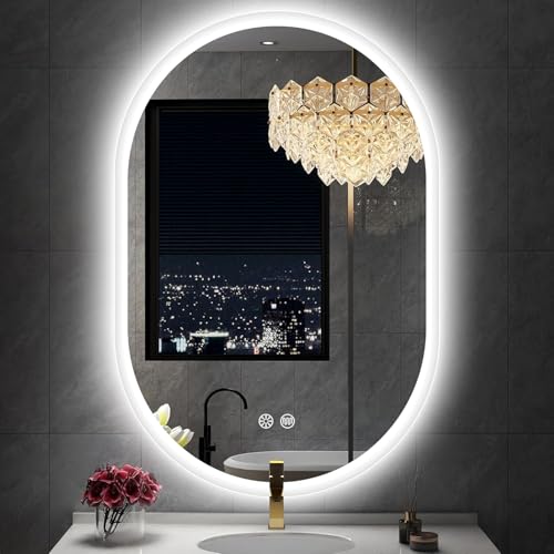 S'bagno 20x32 Inch Oval LED Mirror for Bathroom with Front and Backlight, Anti-Fog, 3 Colors Temperature & Dimmable, Bathroom Mirror with Lights with