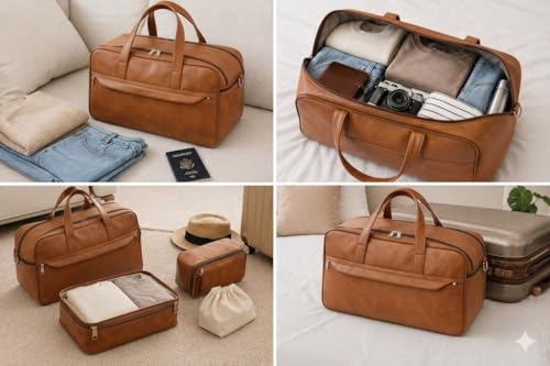 Image of Premium Leather Travel Duffel Bag, Brown, 38x25x30 cm, Large Capacity, Water-Resistant, Weekender Overnight Gym Carry-On Bag for Men and Women