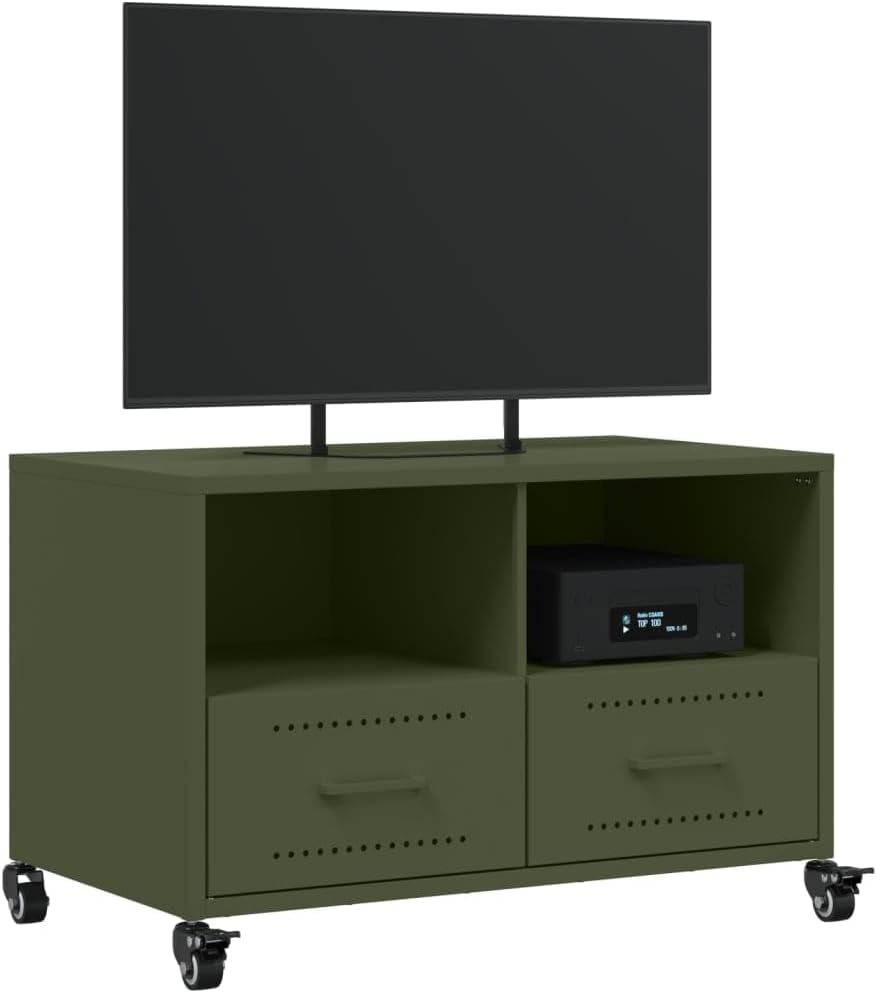 Dimensional diagram of the vidaXL Olive Green Metal TV Cabinet, showing overall width of 68 cm (26.8 inches), depth of 39 cm (15.4 inches), and height of 43.5 cm (17.1 inches), with drawer dimensions.