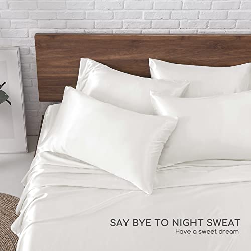Image of MR&HM Satin Bed Sheets, Full Size Sheets Set, 6 Pcs Silky Bedding Set with 15 Inches Deep Pocket for Mattress (Full, Ivory)