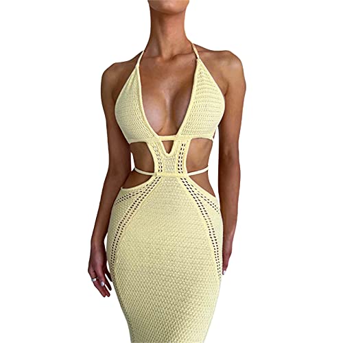 Image of NUFIWI Women Backless Hollow Out Long Dress Sexy Knitted Maxi Dress Bodycon Spaghetti Strap Cocktail Party Midi Dress
