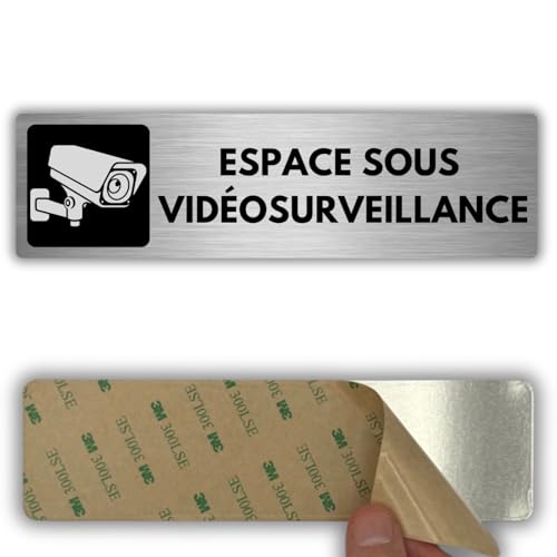 LEIASA | Plaque Espace Sous Vidéosurveillance - 5x18 cm - Épaisseur 0,8 mm - Aluminium - Panneau Adhésif - Signalétique Vidéosurveillance -...