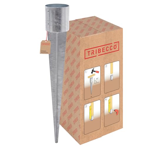 TRIBECCO Casquillo de suelo para troncos redondos, galvanizado en caliente, redondo, manguito de suelo, ancla, acero plateado, anclaje para vallas (fi 140 mm/900 mm)