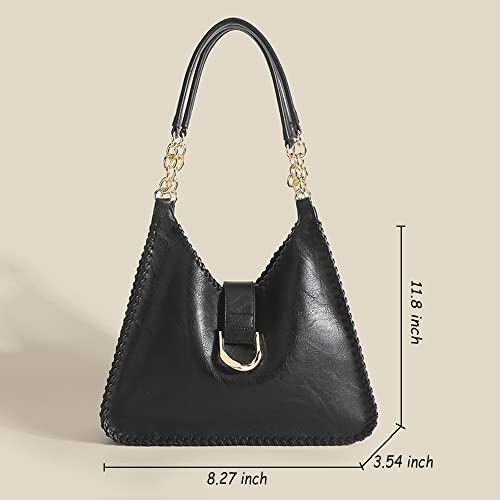 Ophlid Chain Large Hobo Bag For Women Soft Leather Purse And Handbag Set Quilted Weave Shoulder Satchel Bag Tote Handbags (Black) #TOP2