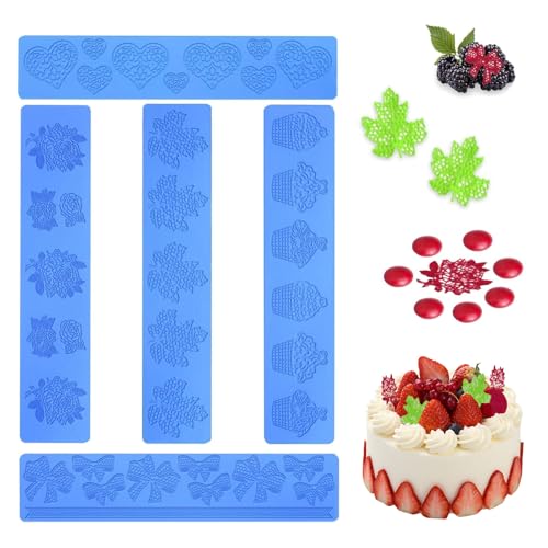 5 Stück Silikonform Blätter, 3D Tulle Molds Hippenform Silikon Blätter Silikonformen Blätter für Dekoration, Spitze Silikonform für Backen, Seife, Zucker Handwerk Kuchen Dekoration Kuchenformen (Blau)
